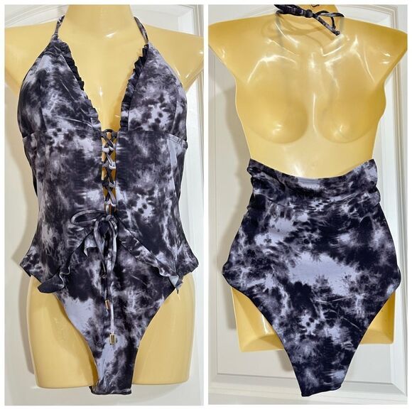 NWOT TIE DYE LACE UP RUFFLE TRIM PLUNGING HALTER PADDED ONE PIECE SWIMSUIT LARGE - Picture 3 of 12